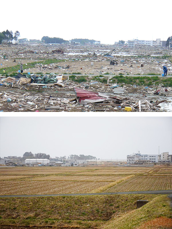 ＜上＞波路上地域から海側を望む。かってあった4階建ての向洋高校(写真右側)は波に飲まれた。周辺にはがれきと腐敗した魚が累々と転がっている。（2011年5月撮影）
＜下＞災害を伝える「伝承館」となった向洋高校と周辺に広がる整備された水田（2023年3月撮影）